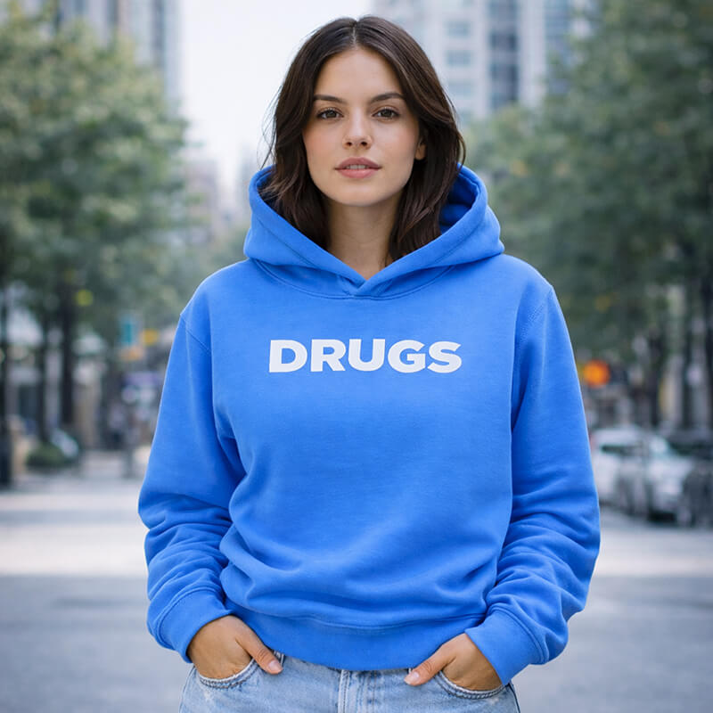DRUGS hoodie 590 GSM French Terry worn by model